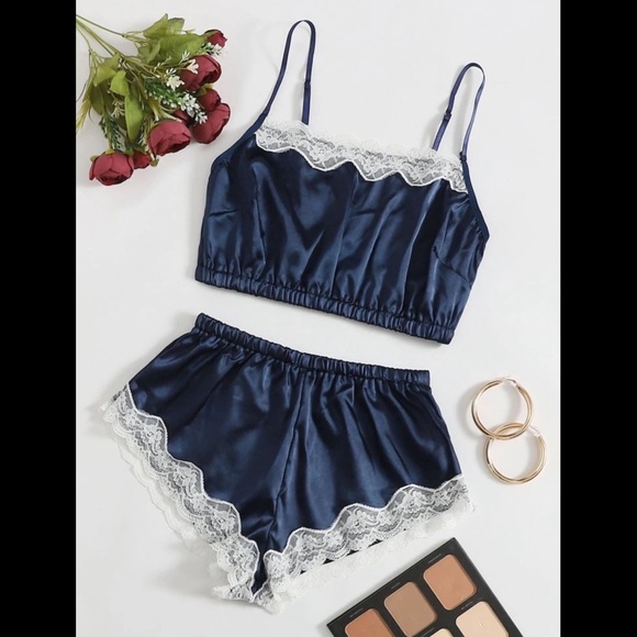 Navy, Satin, Lingerie, Brallete Set - Picture 5 of 6